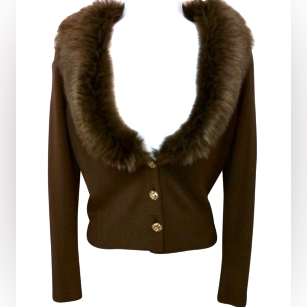 Ann Taylor LOFT Cardigan w/ Faux Fur Collar & stone embellished buttons - Picture 6 of 7